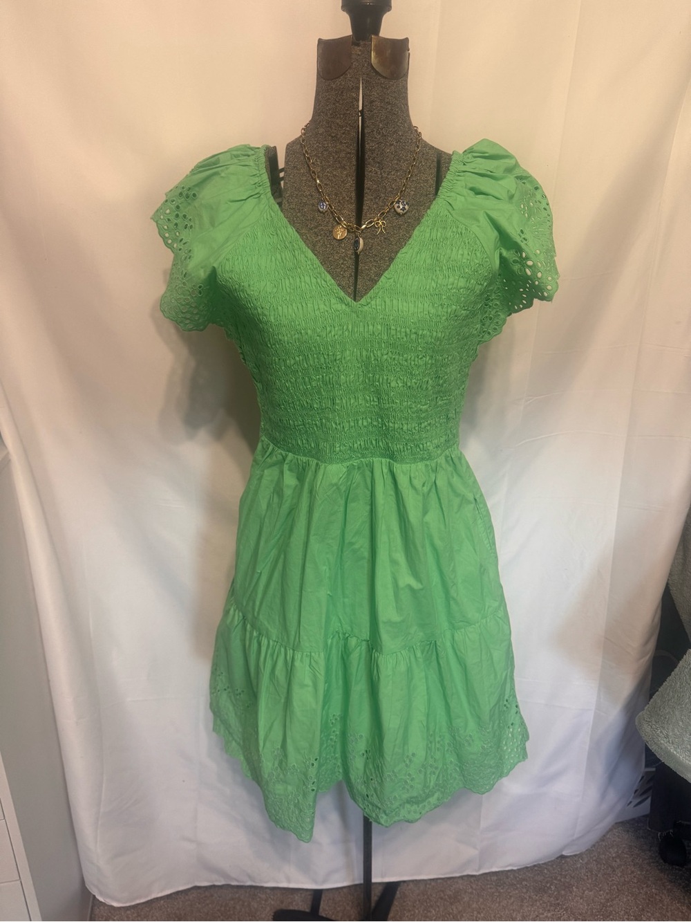GAP Lime Green Backless Eyelet Puff Sleeve Mini Dress